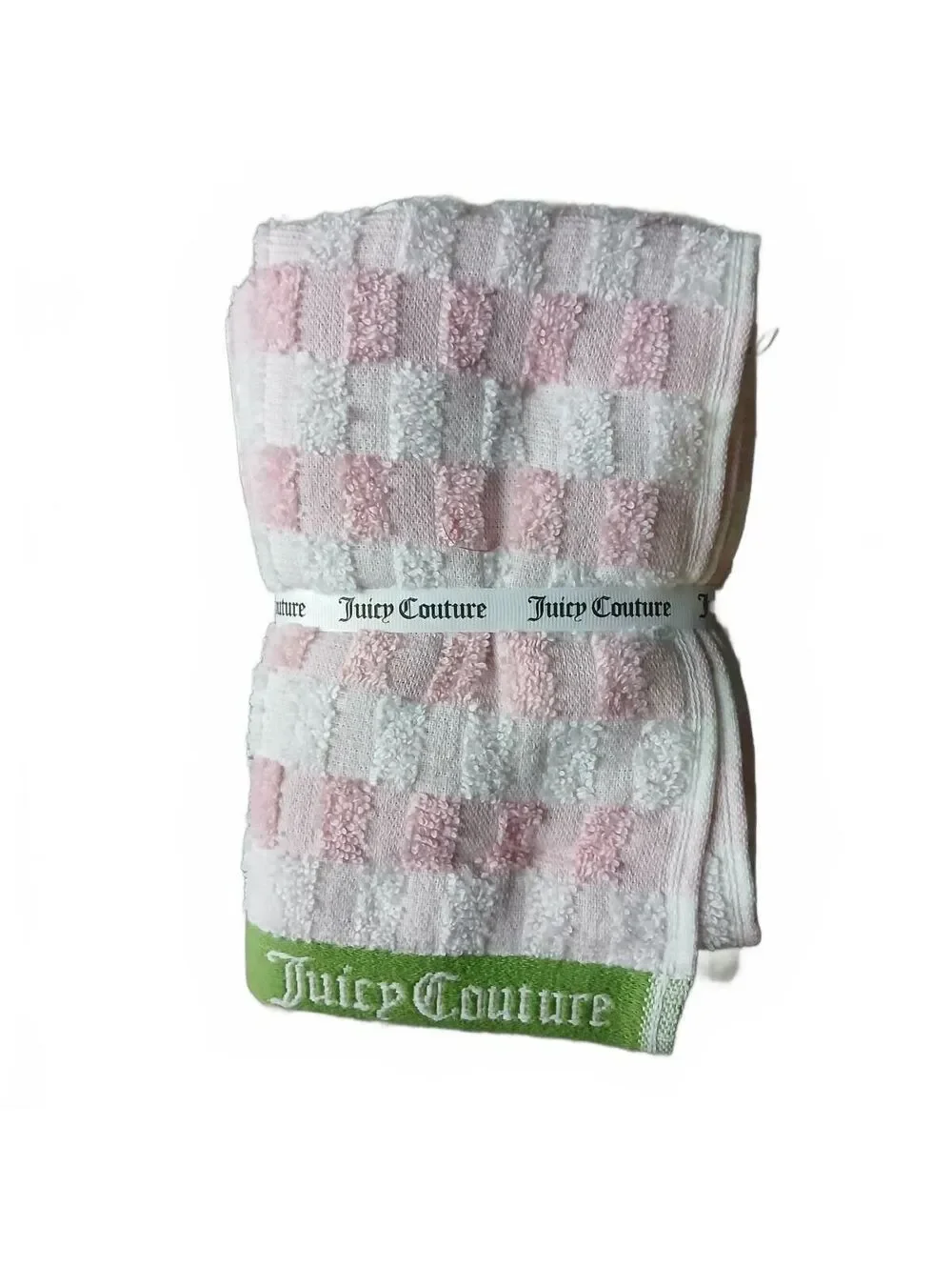Juicy Couture Pink White Green Checkered 2 Pack Cotton Hand Towels 16x26 NWT